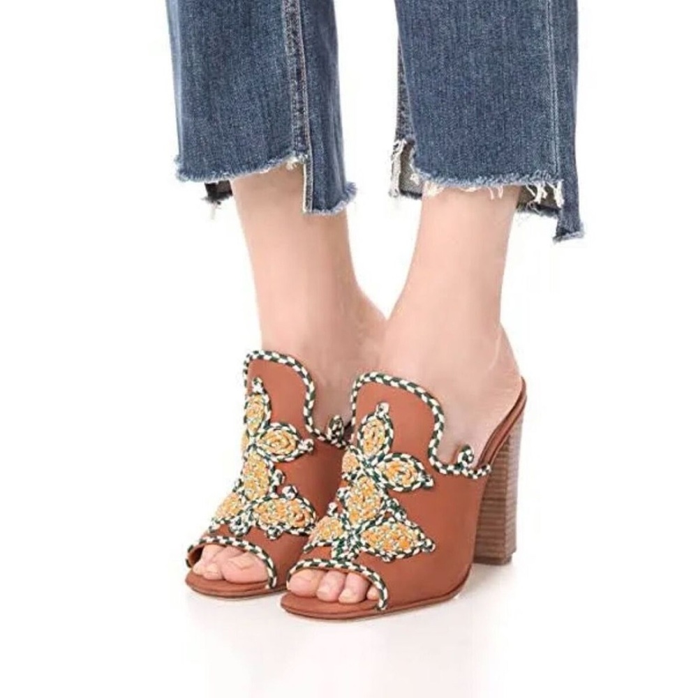 Tory Burch Palisade Brown Heel Embroidered Mules Size 7.5